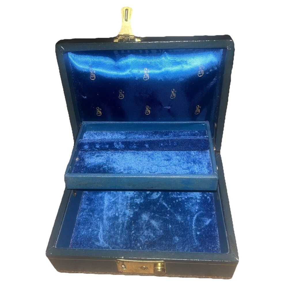 Vintage Green Jewelry Box Navy Blue Velvet Lined Gold Trim No Key 7.5”